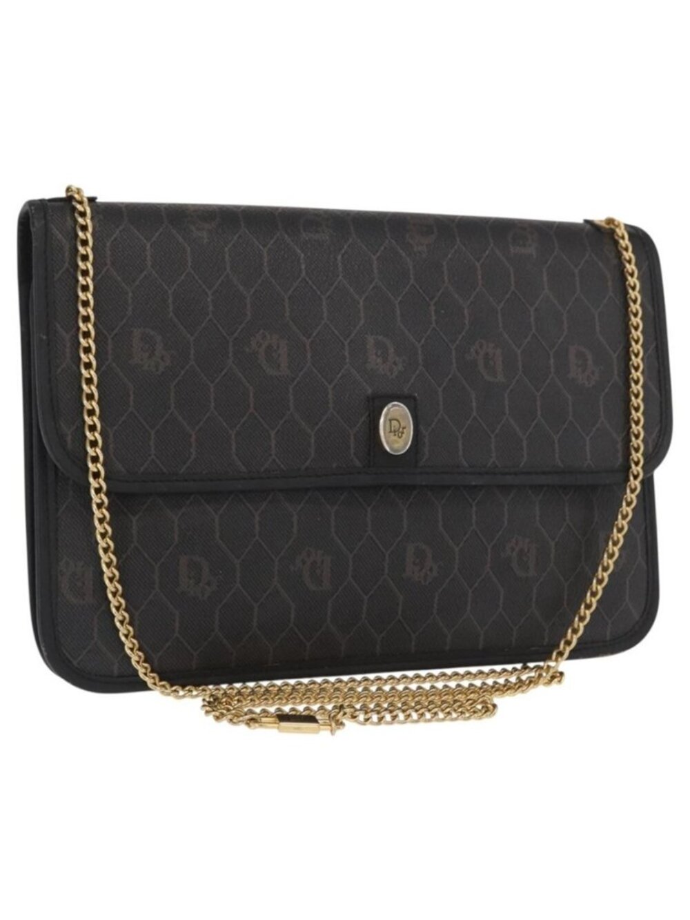 Authentic Christian Dior Honeycomb Canvas Chain Shoulder Bag PVC Black Gold
